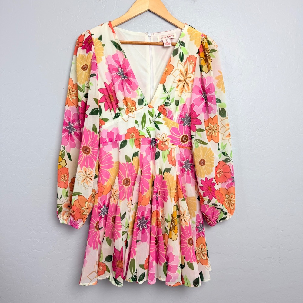 Flying Tomato Floral V-Neck Mini Dress Pink Orange Yellow Tiered A-Line Size S